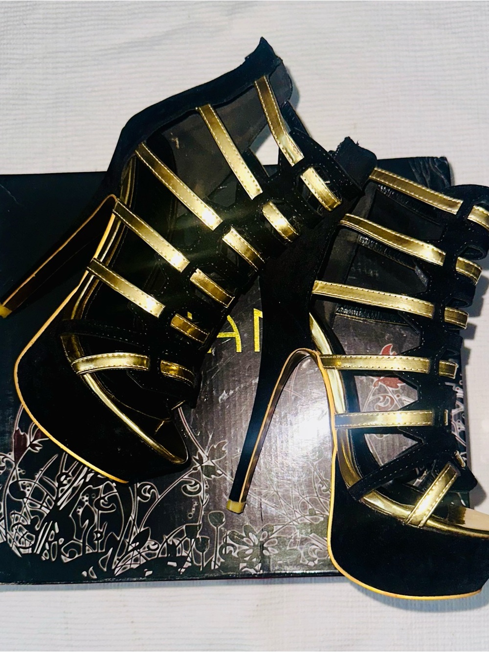 Black and Gold Strappy High Heel Sandals